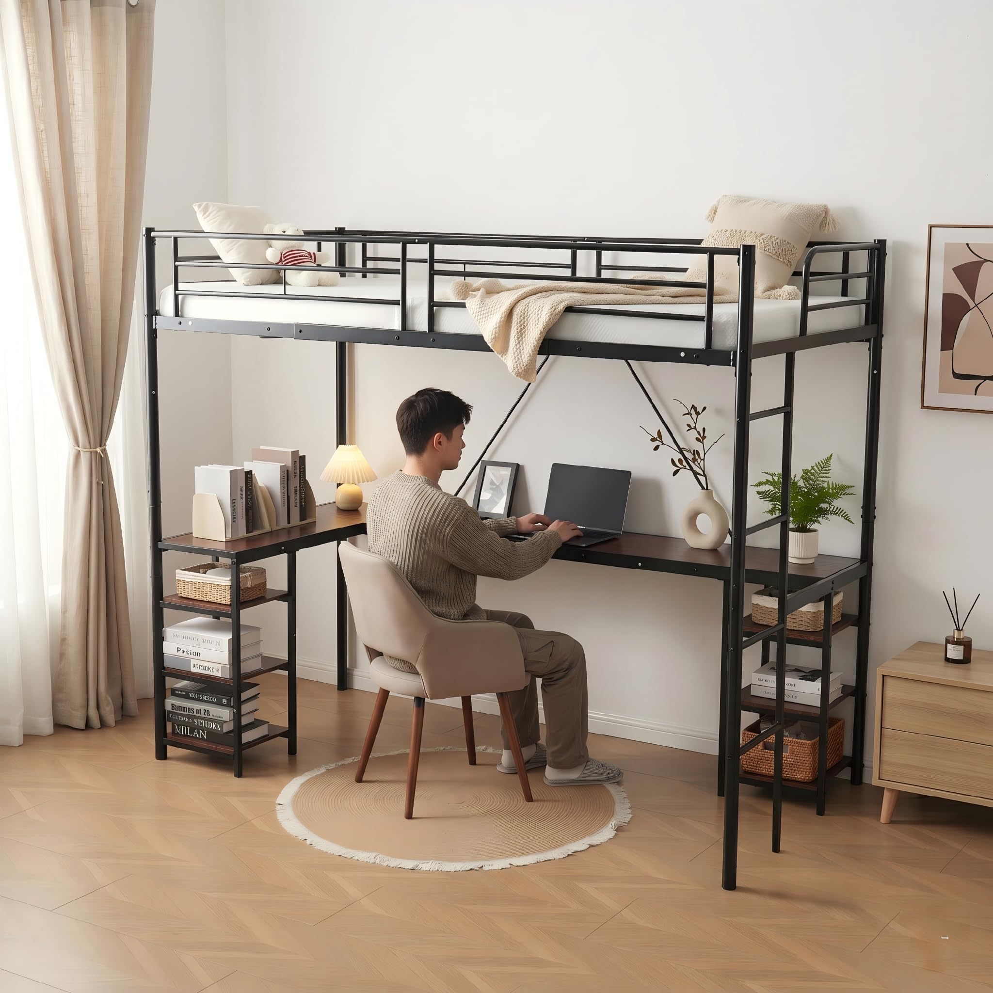 Amazon｜Beuiosda ロフトベッド パイプベッド シングル ベッド 机 一